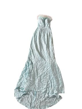 Light icy blue Strapless Gown with Feather Trim size 10 and tie back